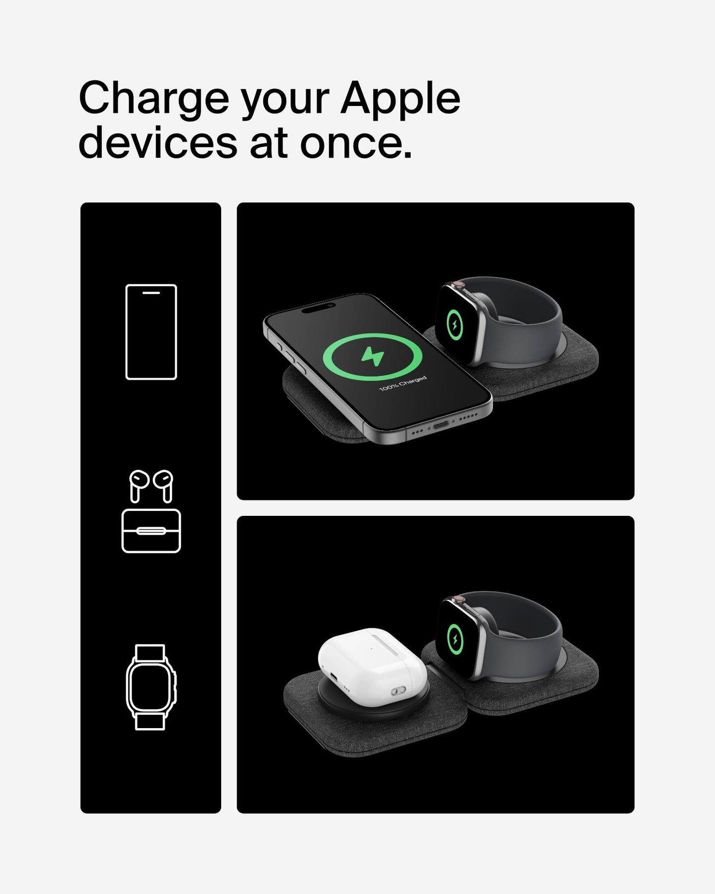Belkin MagSafe Charger Compatible 3-in-1 Magnetic Charging Travel Pad 15W-BoostCharge Pro Foldable Qi2-Certified Wireless Charger, MagSafe-Compatible Charger for iPhone 16 Series, Apple Watch, AirPods
