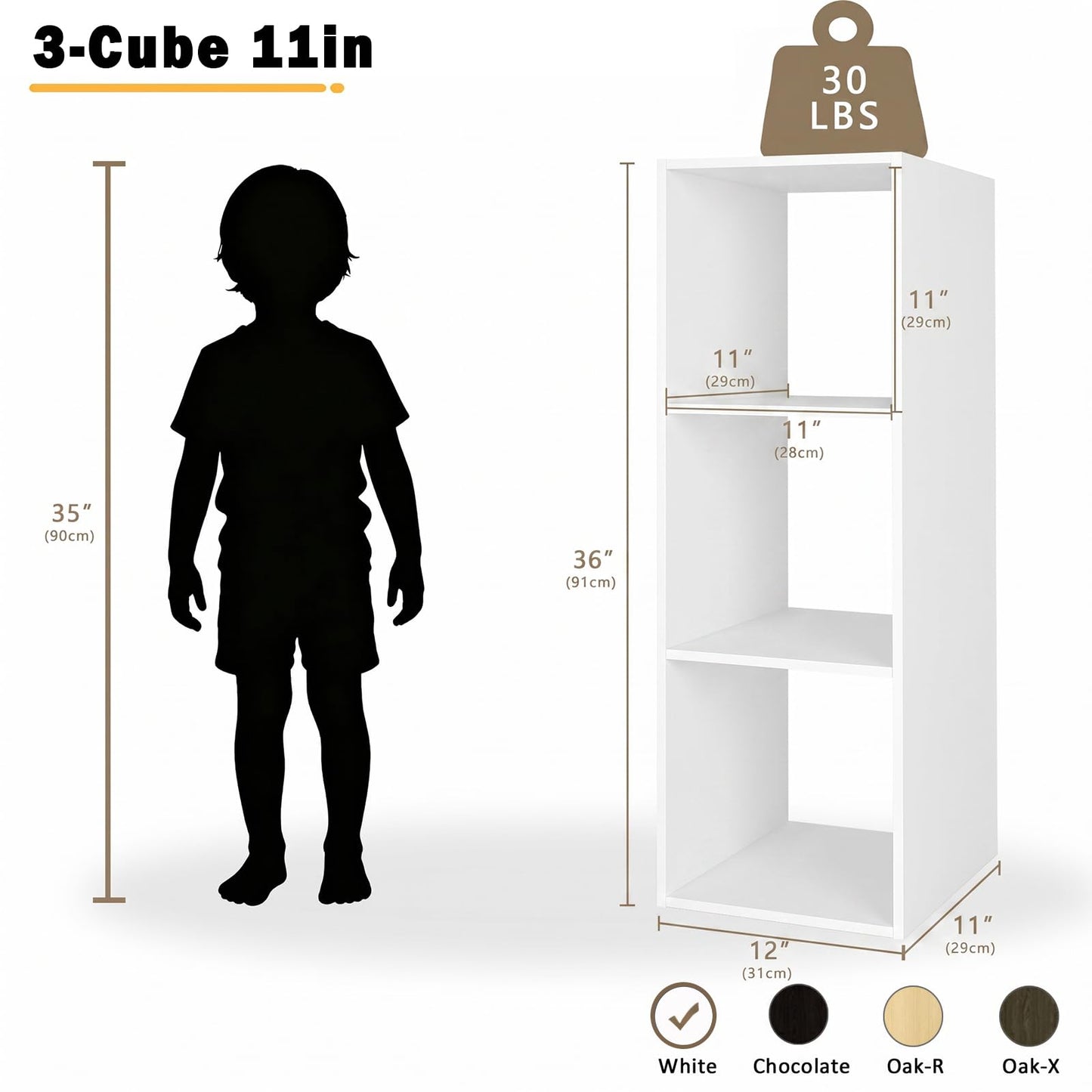 Endearing Limons【2026 Wooden 3 Cube Shelf Storage Organizer with Anti-Tipping Kits + Reversible Open Back Solid Panel Bookcase (11 x 11 Unit Cell White)