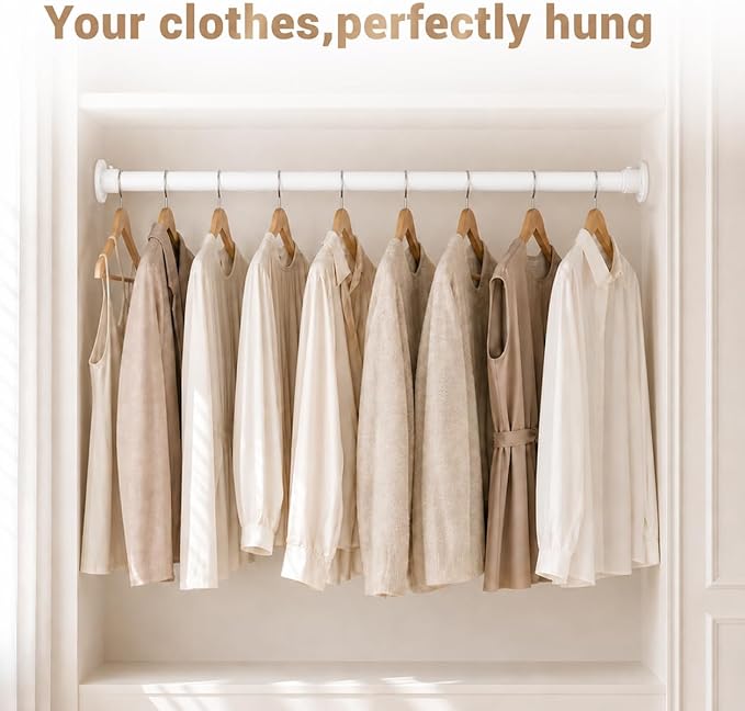 Closet Rod Adjustable 17 to 128 Inch, 1-1/4” Diameter, Closet Rods for Hanging Clothes, Stepless Metal Heavy Duty Hanging Rod for Closet Wardrobes Laundry RV (White)