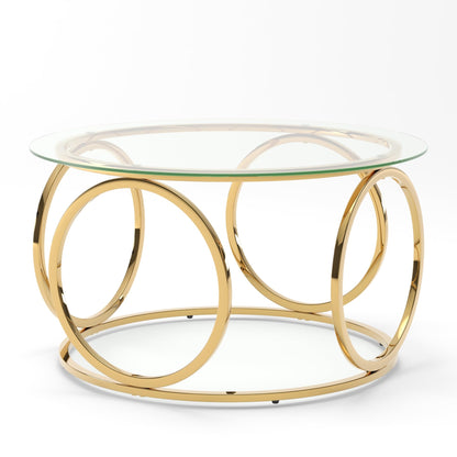 GDFStudio 31.5" Luxury Round Coffee Table with Circular Metal Frame, Tempered Glass Top Modern Coffee Table, Small Round Center Table for Living Room Small Space Office Lounge, Easy Assembly, Gold