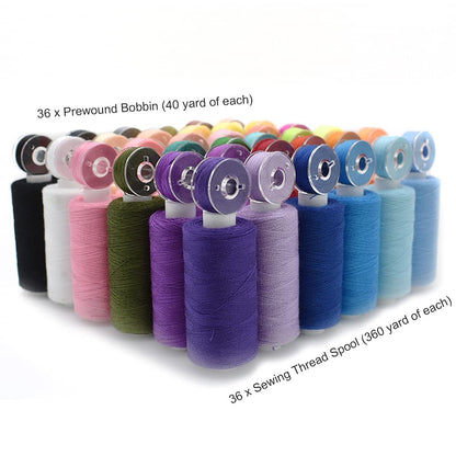 Renashed 72Pcs Bobbins Sewing Threads Kit, 36 Colors Spools 360Yards per Polyester Thread, 36 Colors Prewound Bobbin with Case for Hand Machine Sewing