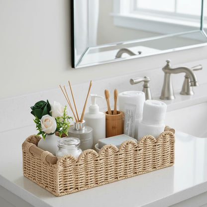 CubesLand Scalloped Edge Toilet Paper Storage Basket, Living Room Home Cozy Decor Basket, Paper Rope Small Baskets for Over Toilet Storage Shelf, End Table, Shelves, with 2 Wooden Handles, Beige