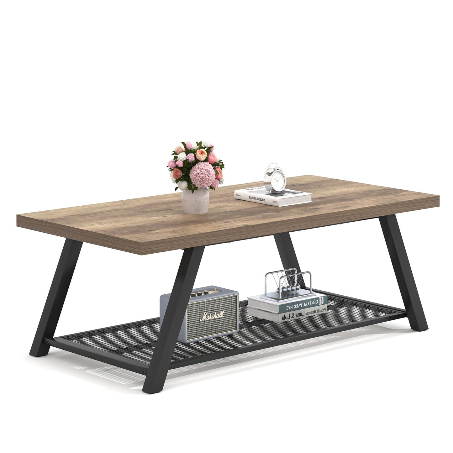 FOLUBAN Coffee Table with Storage, Modern Rustic Wood and Metal Coffee Tables for Living Room, Industrial 2-Tier Center Tea Cocktail Table, Oak, 47 Inch