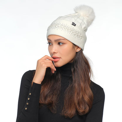 C.C Pearl Rhinestone Embellishment Beanie with Fur Pom for Women - Wool Stretchable Soft Warm with Faux Fur Pom Knit Winter Skully Hat