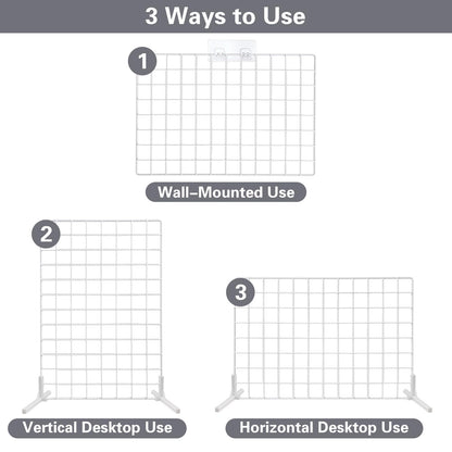 2 Sets Grid Wall Countertop Decorative Panel for Photo Display, Tabletop & Wall Mounted Display Wire Gridwall with T-Base, Mini Wood Clips & Adhesive Hooks for Shows Retail Crafts Artistic Drawings