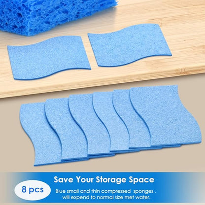 8PCS Blue Dish Washing Kitchen Sponge, Compressed Pack, Save Space | Non Scratch Scrub Sponge, Compressed to Save Space, Sponges for Cleaning Kitchen and Bathroom, Cleans Quickly and Well