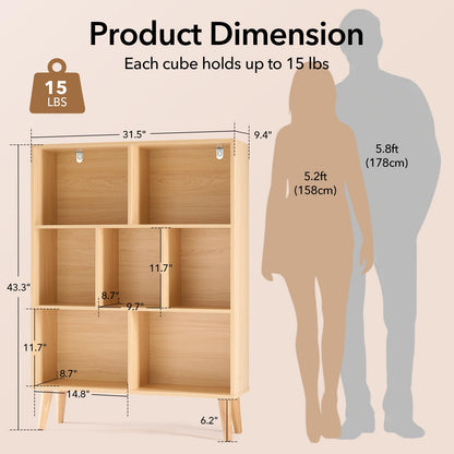 DUMOS Book Shelf, 7 Cube Storage Organizer with Legs, 3-Tier Modern Wooden Bookcase, Open Standing Display Shelf for Living Room, Bedroom, Office, Light Pine