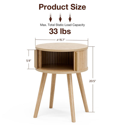 ZttRiee Side Table with Sliding Door & Cabinet, End Table for Living Room, Night Stand for Bedroom, Modern Bedside Table with Solid Wood Legs, Natural