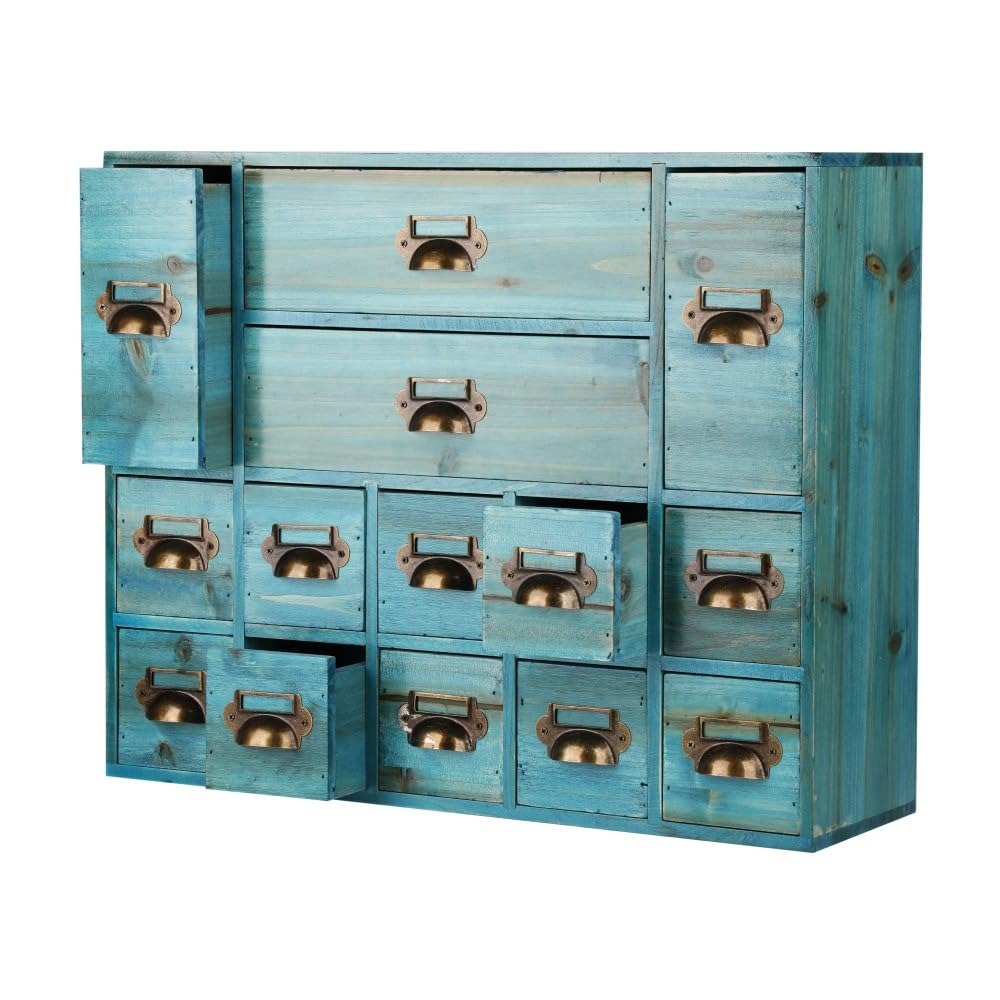 Apothecary Drawers Card Catalog Cabinet with 14 Drawers Wooden Card Catalog Wooden Storage Box for Desktop Organizer (Blue)
