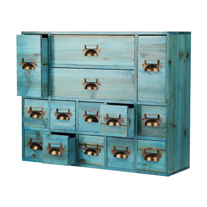 Apothecary Drawers Card Catalog Cabinet with 14 Drawers Wooden Card Catalog Wooden Storage Box for Desktop Organizer (Blue)