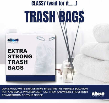 Plasticplace 6 Gallon Trash Bags White Drawstring Garbage Can Liners, 17” x 20”
