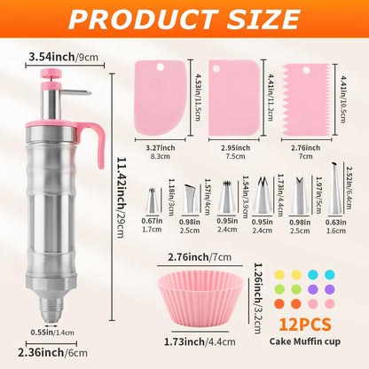 Dessert Decorating Syringe Set, 24Pcs Frosting Piping Kit with 6 Piping Tips, 12 Silicone Cupcake, Stainless Steel Cupcake Decorating Kit Piping Bags and Tips Set