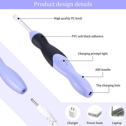 Chuangdi 11 Sizes Lighted Crochet Hooks Set Rechargeable Crochet Hook Light up Hooks with Case, Interchangeable Heads 2.5 mm to 8 mm for DIY Craft Supplies(Purple-Black)