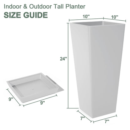 PolarcoForgeco 24" Tall White Planters for Outdoor Plants Set of 2, Large Flower Pots Planters with Drainage Holes & Tray, Modern Indoor Tapered Tall Planter for Front Porch
