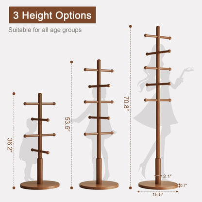 DONGMUWUJEE Solid Wood Coat Rack Freestanding with 10 Hooks, Coat tree freestanding 3 Adjustable Heights for coat, Hats, Handbags, Coat Stand for Entryway,Bedroom,office, Walnut