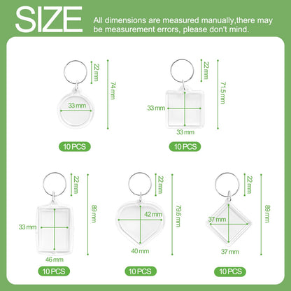 BRT Bearingshui 50pcs Pendant Picture Frame Keyrings, Clear Acrylic Photo Frame Keyring, Make Your Own Personalized Keyring Kit, Central Pendant for Kids To Assemble And Attach To Key Rings