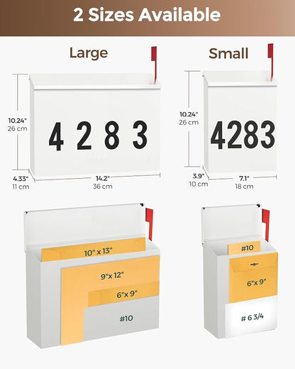 LAND·VOI Wall-Mount Mailbox with One Flag Kit and Three Sets of 0-9 Mailbox Number Stickers, Mailboxes for Outside, Galvanized Steel Rust-Proof Metal Post Box, 7.1"x3.9"x10.24", Textured White AMB05W