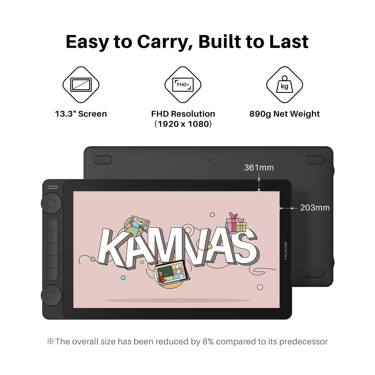 HUION Kamvas 13 (Gen 3) Drawing Tablet with Screen,13.3" Full-Laminated Art Tablet with Anti-Sparkle Canvas Glass 2.0, 99% sRGB, PenTech 4.0, 16384 Pen Pressure, Dual Dial for PC, Mac, Android, Black