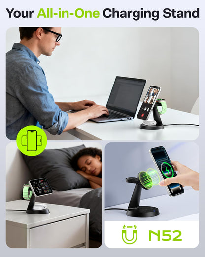 25W Fast Charging Station Designed for MagSafe Charger for iPhone 17 16 Series, 3 in 1 Magnetic Wireless Charging Stand with 45W Adapter for iWatch & Earbuds, Charger Dock with Heat Dissipation