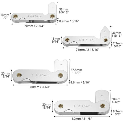 QWORK 4 Pack Radius Gauge Set, Precision Stainless Steel Measurement Tool for Convex & Concave Surfaces, R0.3-1.5mm/ R1-6.5mm/ R7-14.5mm/ R15-25mm