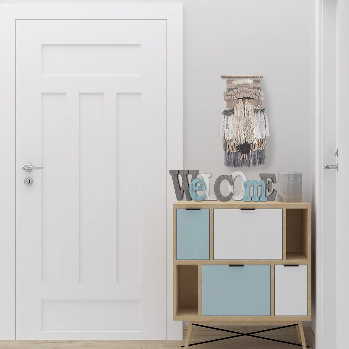 Linfevisi Wooden Welcome Sign Aqua Hanging Block Letters Sign Rustic Freestanding Wood Word Decor Decorative Welcome Table Sign Cutout Word Art Wall Decor (Welcome)