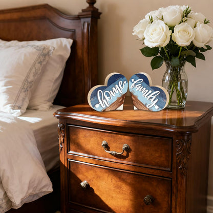 DOODLREAM 1 Pair Wooden Hearts Table Decor, Home Family 6.2 x 5.9 x 0.47 inch Wooden Sign for Desk, Rustic Blue Centerpiece Tabletop Decorations for Home, Wood Desk Sign