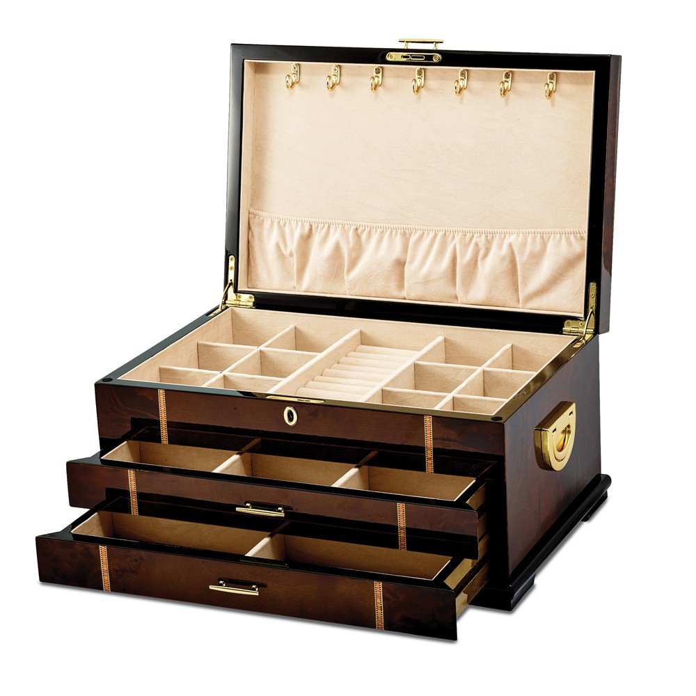 High Gloss Rustic Burlwood w/Walnut Inlay 2-Drawer Jewelry Chest