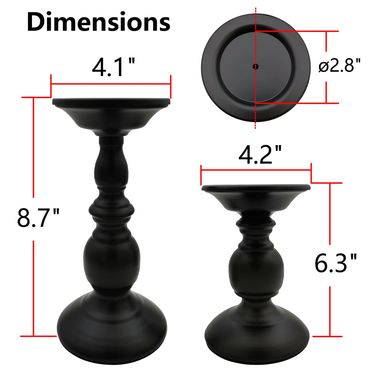 Fuhengli Pillar Candle Holders Stands Set of 2, Candle Holders for Pillar Candles Decorative Candlestick Holder for Fireplace, Home Decor, Dinning, Party, Wedding, Matte Black, 6.2" & 8.7"