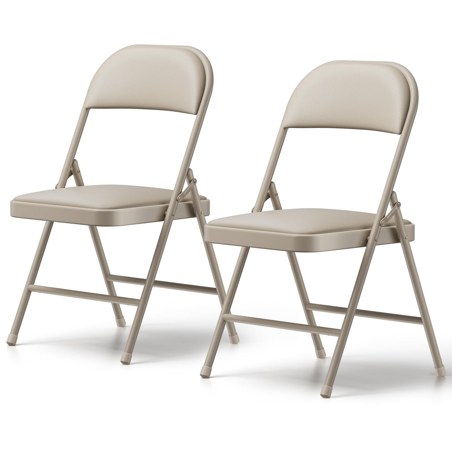 FurniEdge Padded Folding Chairs 2 Pack, PU Leather Folding Chairs for Outside and Indoor, Heavy Duty Portable Foldable Metal Chairs for Home Office, Dorm, Party, Backyard, Patio, Khaki