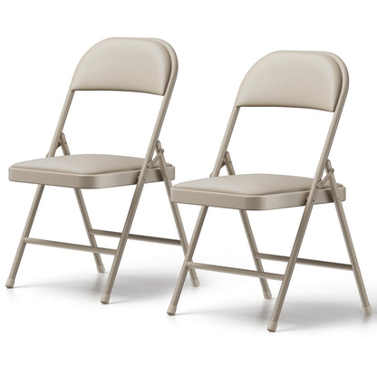 FurniEdge Padded Folding Chairs 2 Pack, PU Leather Folding Chairs for Outside and Indoor, Heavy Duty Portable Foldable Metal Chairs for Home Office, Dorm, Party, Backyard, Patio, Khaki