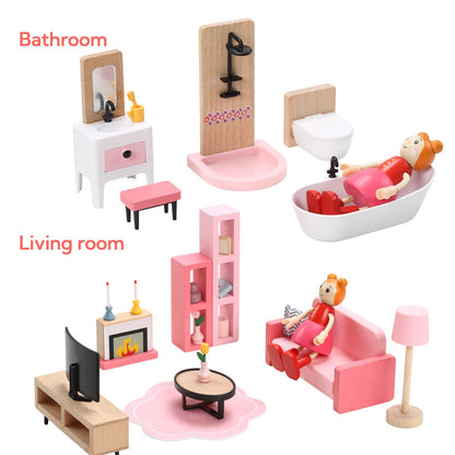 Wooden Dollhouse Furniture Set, 72pcs Furnitures with 8 Family Dolls, Dollhouse Accessories Pretend Play Furniture Toys