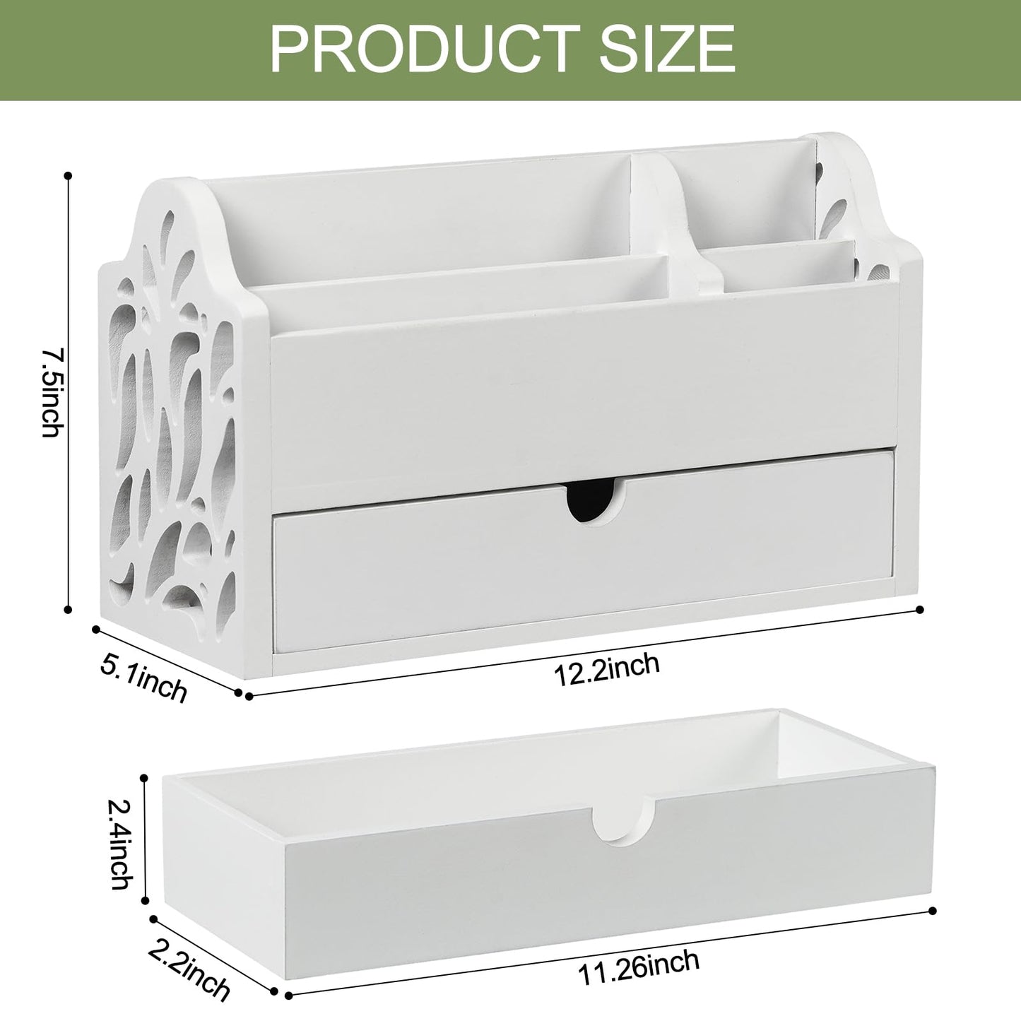 Desk Organizer with Drawer Wood File Office Mail Organizer Countertop-5 Slot Tabletop Storage Pen Organizer Letter Holder for School Home Office Supplies (White)