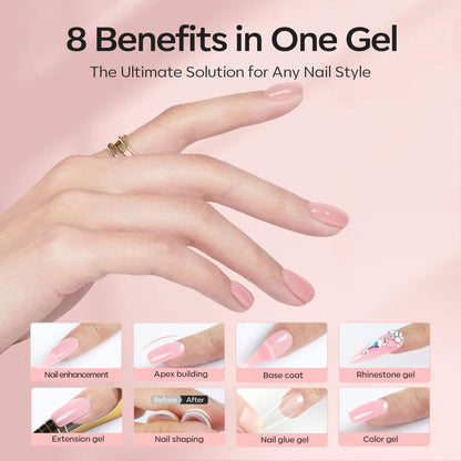 modelones Builder Nail Gel with Gel Top Coat, 3Pcs Clear Builder Nail Kit for Thickening Apex Building Extension Rhinestone Gel Tips Glue, U/V LED Lamp Cured for Home DIY Salon Girls