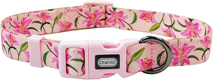 Dog Collar Leash Set, Floral Pattern, Polyester Material, Adjustable Collar and 5ft Matchcing Leash, for Large Dogs.(L, Pink Lily)