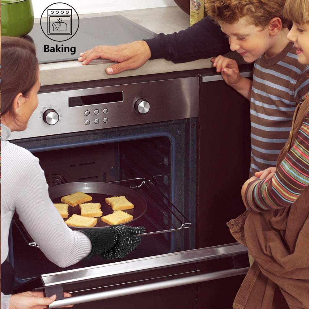Heat Resistant BBQ Gloves for Hot Temperature Cooking, Barbecue Grilling or Baking Bread Pizza, Safe Oven Mittens with Fingers