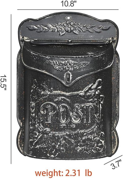 Wall Mount Mailbox for Outside Vintage Mail Boxes for House Outside Metal Door Mailbox Drop Box Antique Style Nostalgic Charm Home Decorative, Flower Pattern, Black