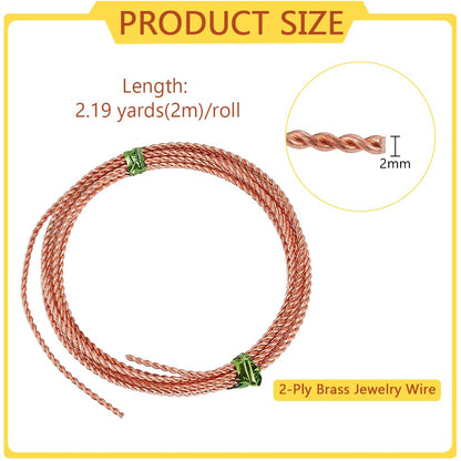 BENECREAT 2 Rolls 13.12Feet Twist Jewelry Wire, 12 Gauge/2mm Copper, 2m/6.6 Feet, 2 Strand Twist, Great for Jewelry Making