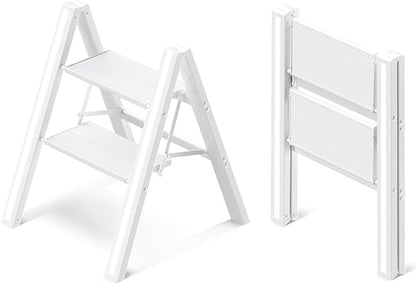 2 Step Ladder, Aluminum Folding 2 Step Stool with Anti-Slip Sturdy and Wide Pedal, Lightweight Portable Stepladder for Home and Kitchen Use Space Saving, Cream White, 330 lbs