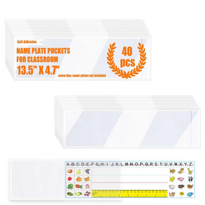 40 PCS Nameplate Pocket,13.5 x 4.7 Inch Adhesive Desk Nameplates Name Tag Pocket Clear Desk Name Tag Sleeves for Classroom (Thickness:7 mils)