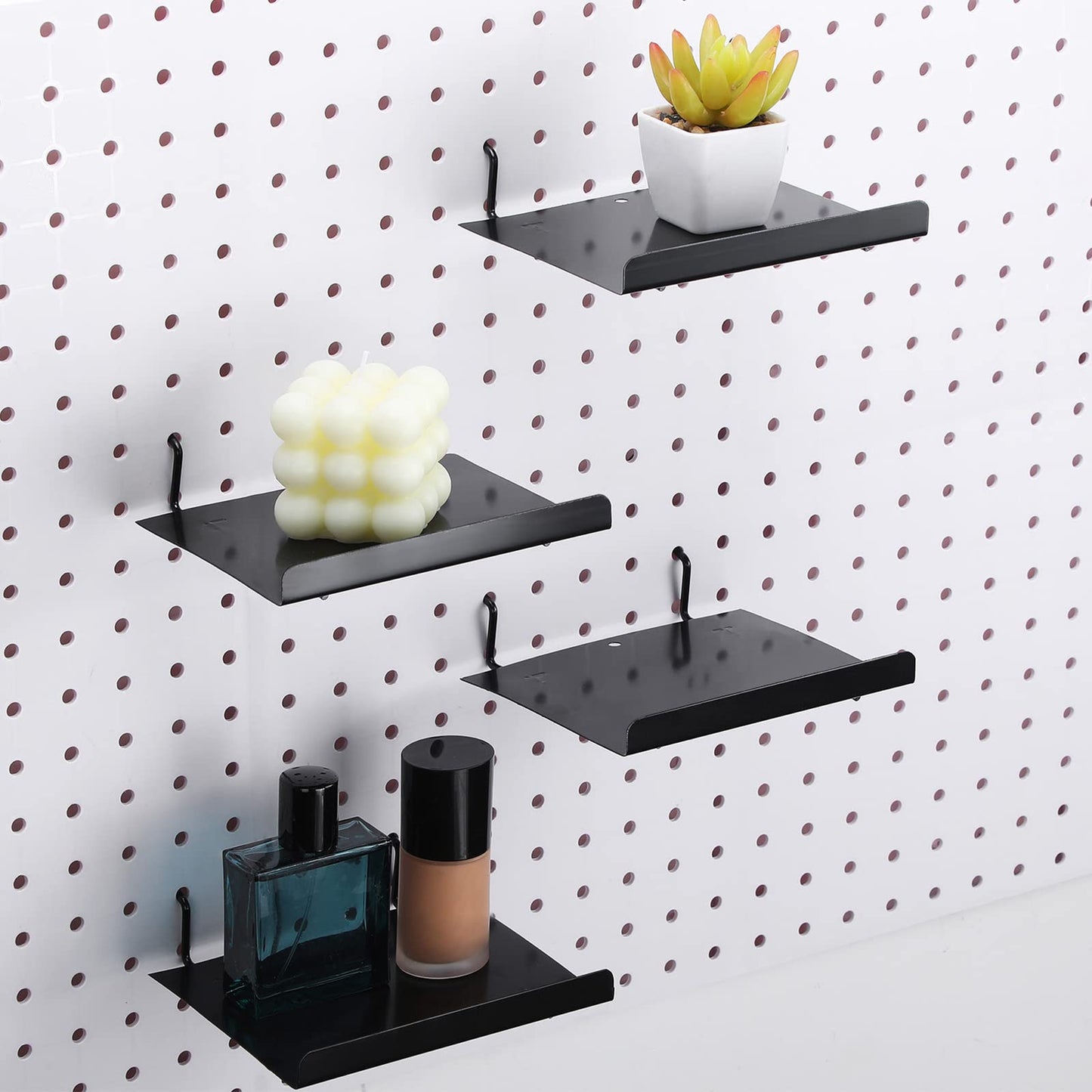 Coume 4 Pack Pegboard Shelves Wall Organizer Peg Board Shelf Brackets Steel Tray Pegboard Accessories Organizing Tools for Craft Room Home Garage Nursery Workbench Kitchen, Black, 5.91 x 4.72 Inch