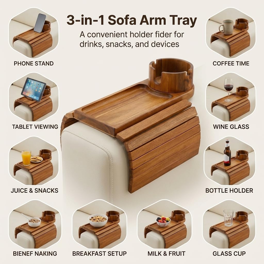 NSS ESSENTIALS Acacia Wood Couch Arm Tray Table with Cup Holder - Flexible Sofa Armrest Tray for Drinks, Snacks & Remote - Natural Wooden Sofa Side Table for Couch, Recliner & Armchair, Natural Wood
