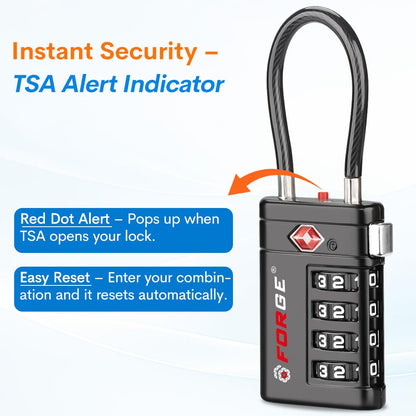 Forge TSA Approved Luggage Locks 4 Digit Combination TSA Travel Locks with TSA008, Open Alert Indicator, Zinc Alloy Body for Luggage, Suitcase, Backpack, and More. Black 2 Locks.