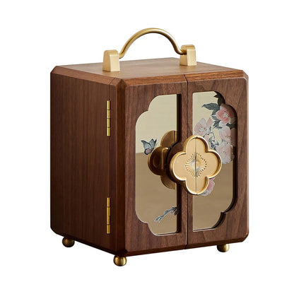 Wenseny Black Walnut Jewelry Organizer - Wooden Jewelry Box with Gold Handle & Mirrored Flowers, 4 Layers of Storage - Ideal for Women (Brown)