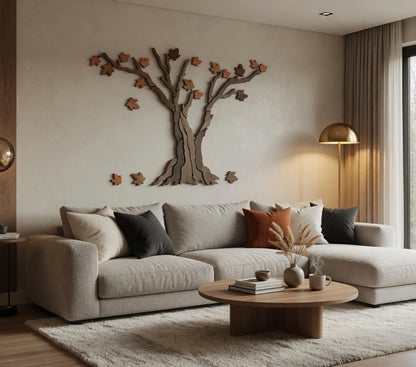 Handcrafted Wooden Maple Tree Wall Art - Large Rustic Tree Sculpture with Falling Leaves for Living Room, Above Sofa, Bedroom & Yoga Room, 59" x 39"