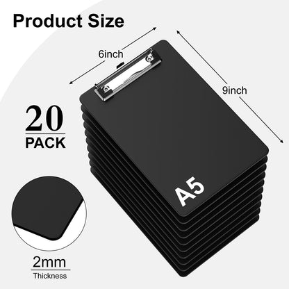Zoenley Small Black Clipboard, 6 x 9 Half-Letter Size for Classroom, Students, Teacher, Nurse, A5 Mini Clip Board with Low Profile Clip, Office & School Supplies（20Pack）