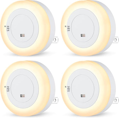 FOLKSMATE LED Night Lights Plug in, Dimmable Nightlight Plug Into Wall with Light Sensor, Soft White Adjustable for Adults, Bedroom, Bathroom, 4-Pack