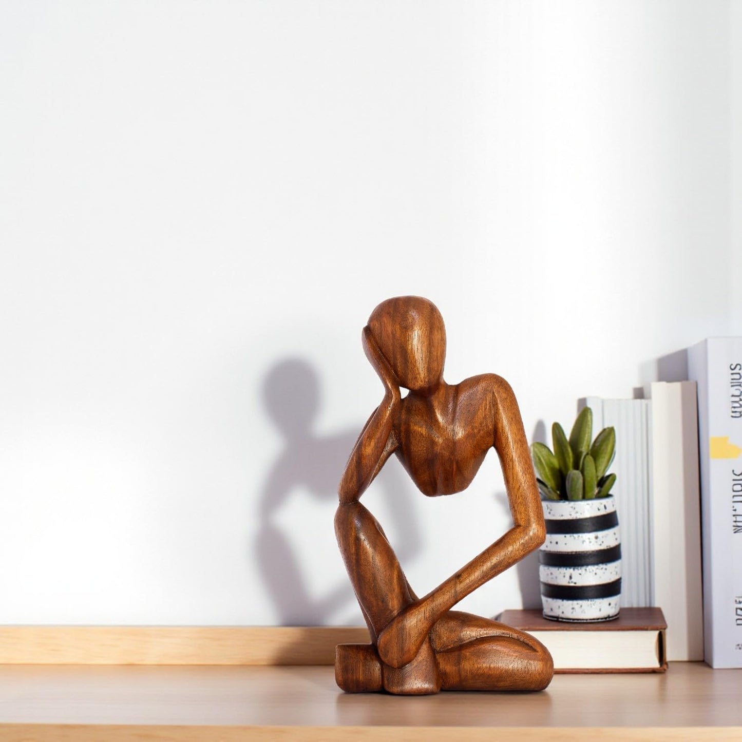G6 Collection 12" Wooden Abstract Thinker Statue, Hand Carved Thinking Man Figurine, Modern Minimalist Sculpture, Handmade Home Decor Accent Gift (Brown)
