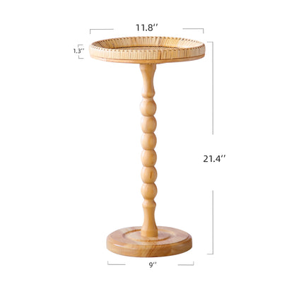HuiDao Drink Table，Rattan Round Small Side Table for Small Spaces, Boho Circle End Table Coffee Table with Solid Wood Leg for Living Room, Pedestal Table for Bedroom, Corners