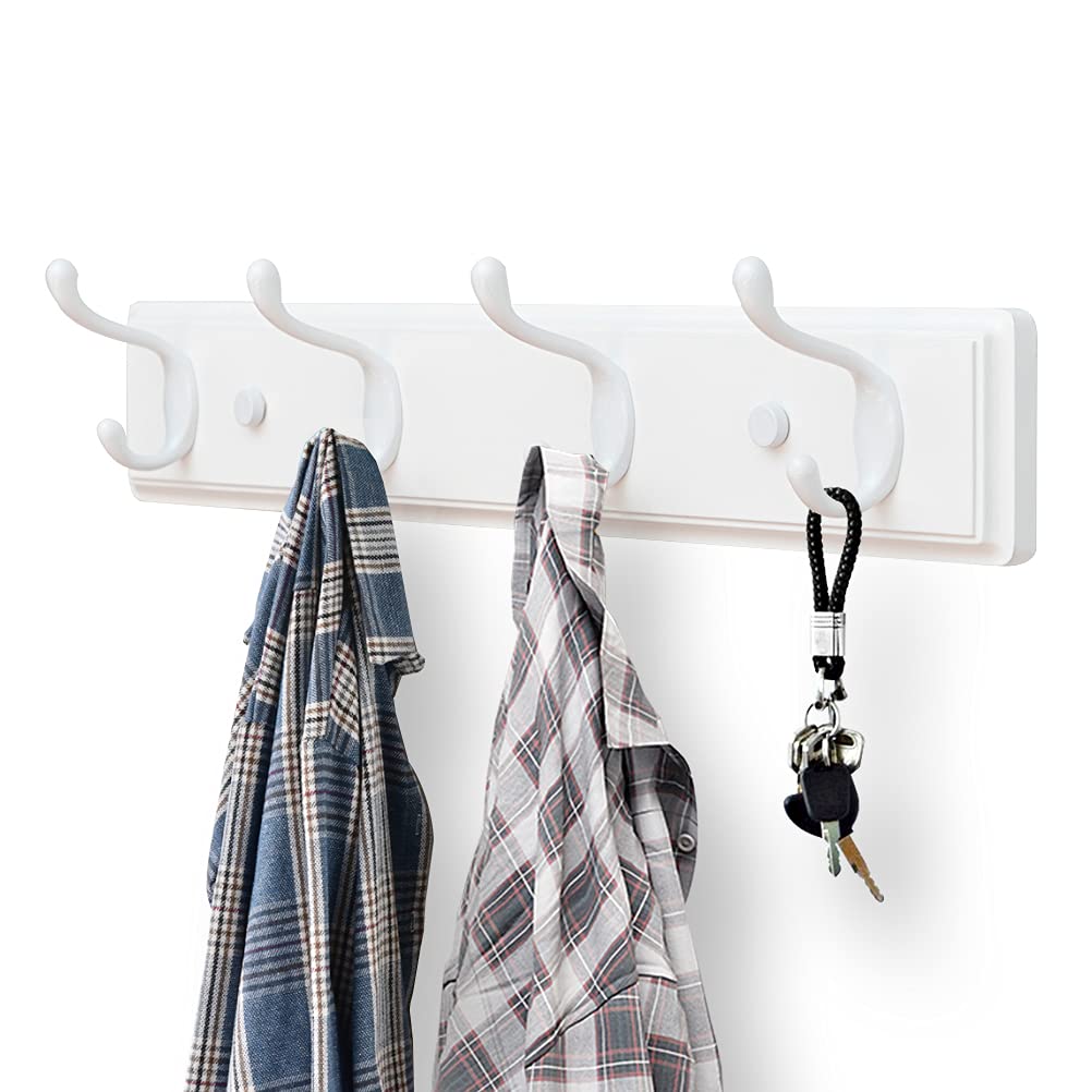 Badiano Wooden Coat Rack, Wall-Mounted Organizer for Closet, Entryway, Hallway, Foyer, Bedroom, Heavy Duty Double Hooks for Hanging Towels, Bags, Hats, Jackets, Key (White, 4 Hooks)