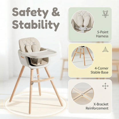 Mallify 3-in-1 Wooden High Chair, Convertible High Chairs for Babies and Toddlers, Baby Highchair with Adjustable Legs & Dishwasher-Safe Tray, Sleek Hardwood & Premium PU Cushion, Beige
